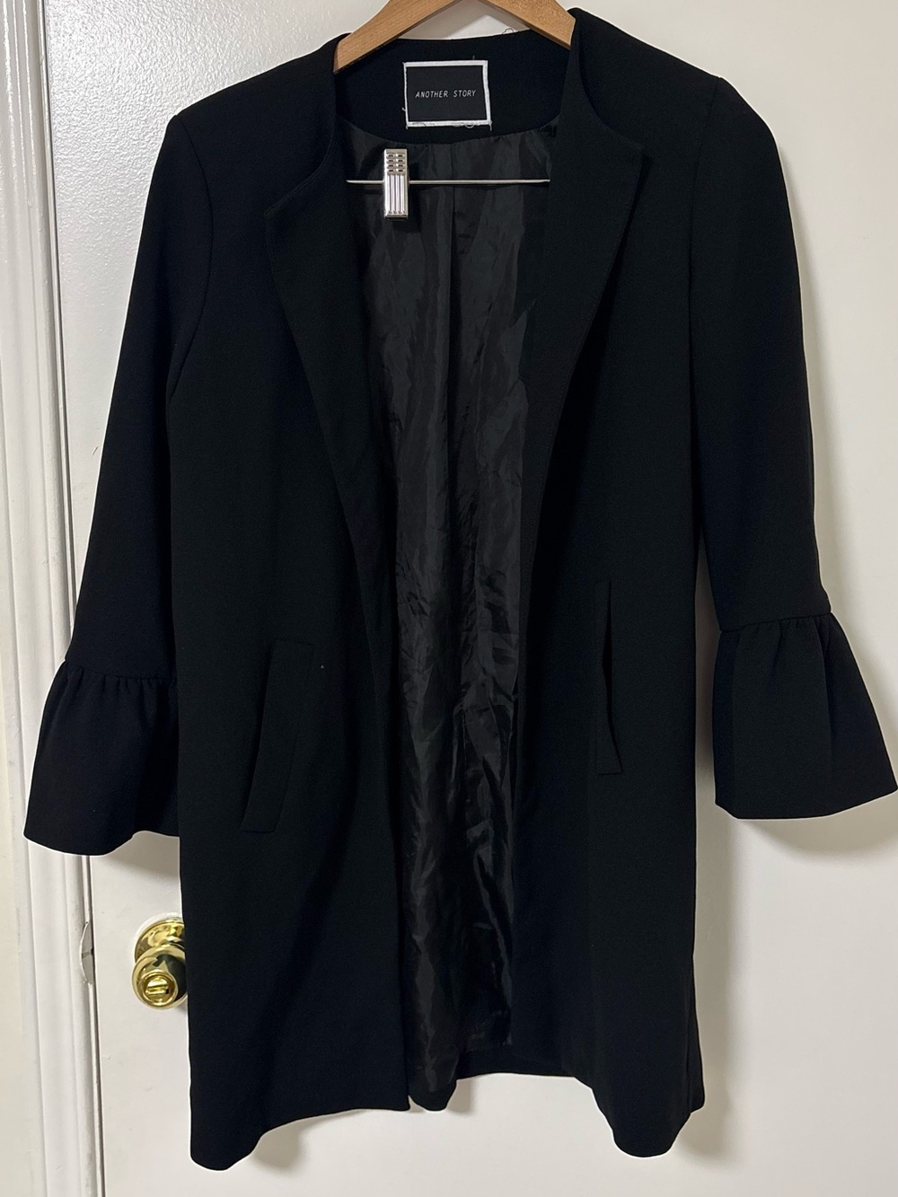 Black Ruffle-Cuff Long Blazer